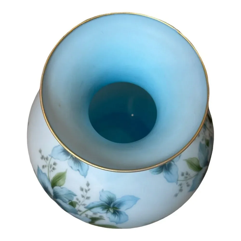 Vintage Italian Vase 10 Inch Frosted Blue Satin Art Glass Iris Flowers Gold Gilt